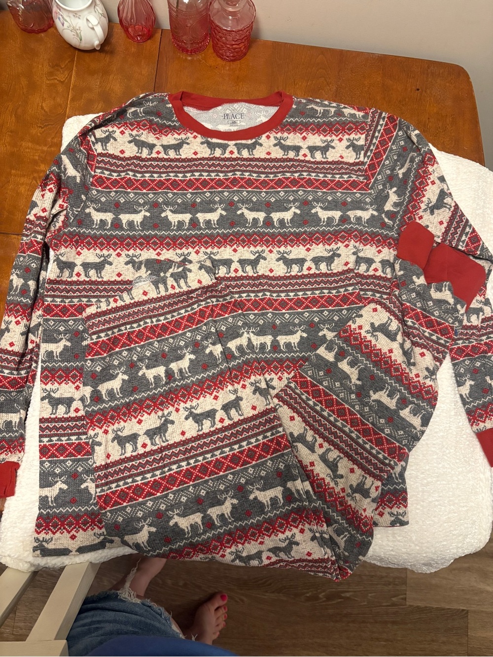The Children’s Place Men's Red, Gray, White Reindeer Pattern Crewneck Sweater